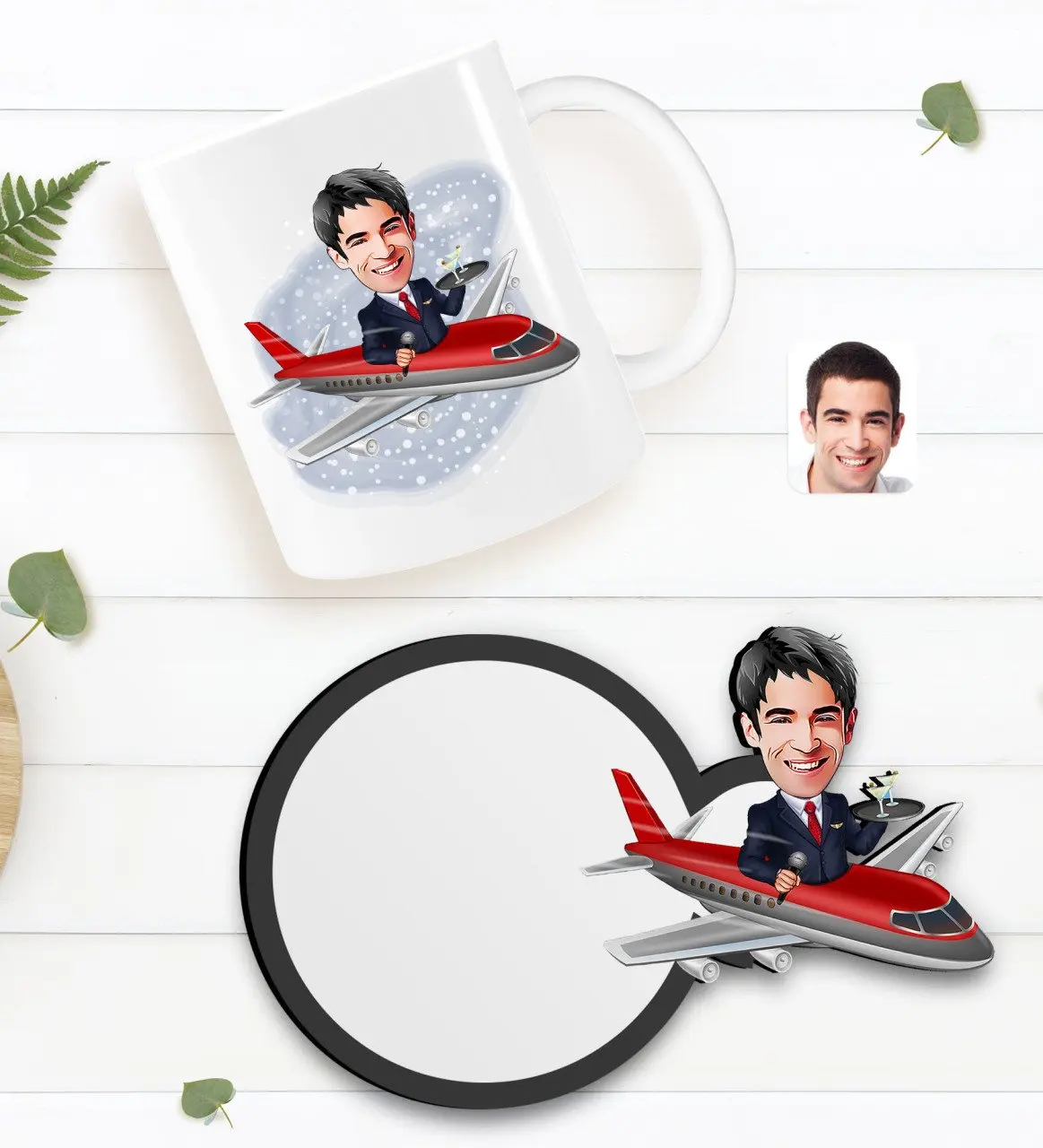 

Персонализированная Мужская летная карикатура для белой кружки и деревянных подставок в подарок