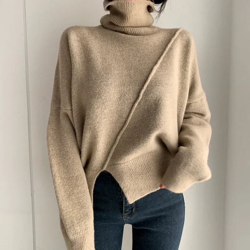 

Hot Sale 2023 autumn Winter casual oversize thick Sweater pullovers Women Split fork loose Turtleneck women's sweaters jumper