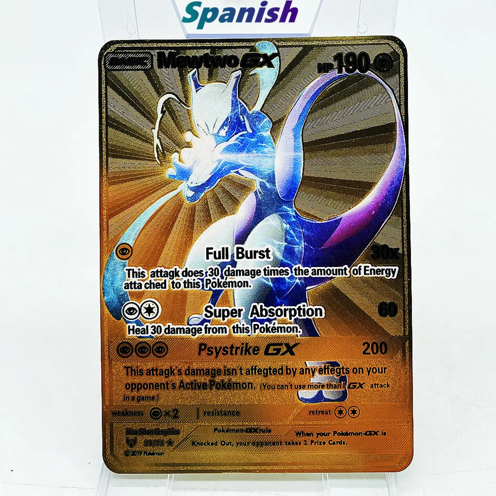

Newest Spanish Pokemon Metal Cards Mewtwo GX Pikachu Vmax Charizard DX Children's Childhood Memories Hot Selling Kids Toys