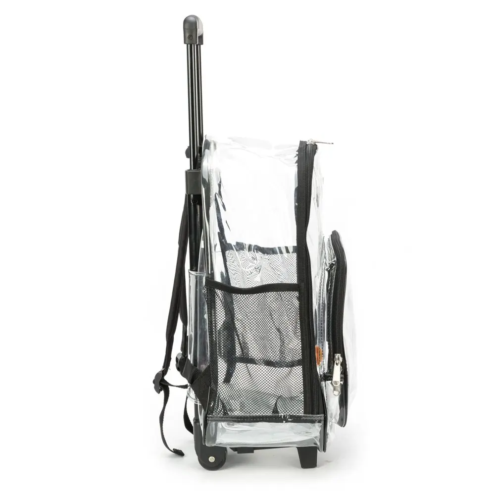 Unisex Rolling Clear Backpack Heavy Duty Bookbag See-thru Daypack School Luggage with Wheels, Black