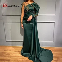 Elegant Green Mermaid Beads Evening Night Dresses for Women 2022 O Neck Satin Long Sleeves Wedding Prom Formal Party Gowns