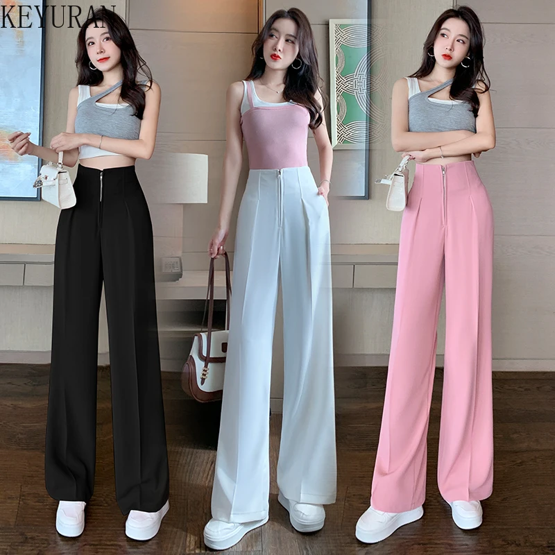 

Офисные прямые Костюмные брюки, женские свободные длинные брюки, женские тонкие брюки на молнии с высокой талией и широкими штанинами для женщин