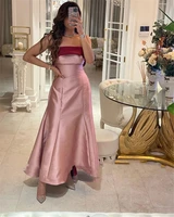 elegant blush pink and burgundy satin long evening dresses ankle length strapless simple saudi arabic women a line formal gowns