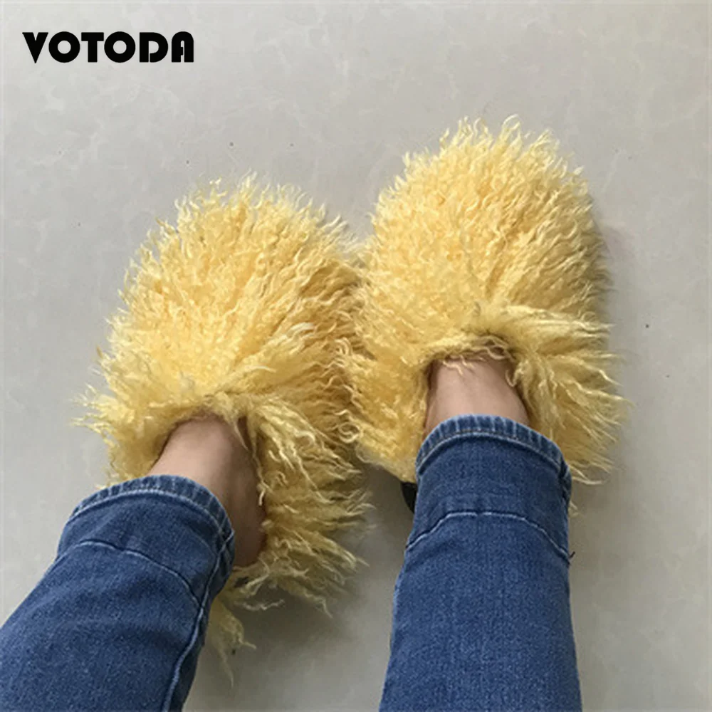 Luxury Mongolian Fur Slippers Women Winter Long Wool Snow Boots Warm Flat Non-slip Home Teddy Fur Slide Ladies Cute Cotton Shoes