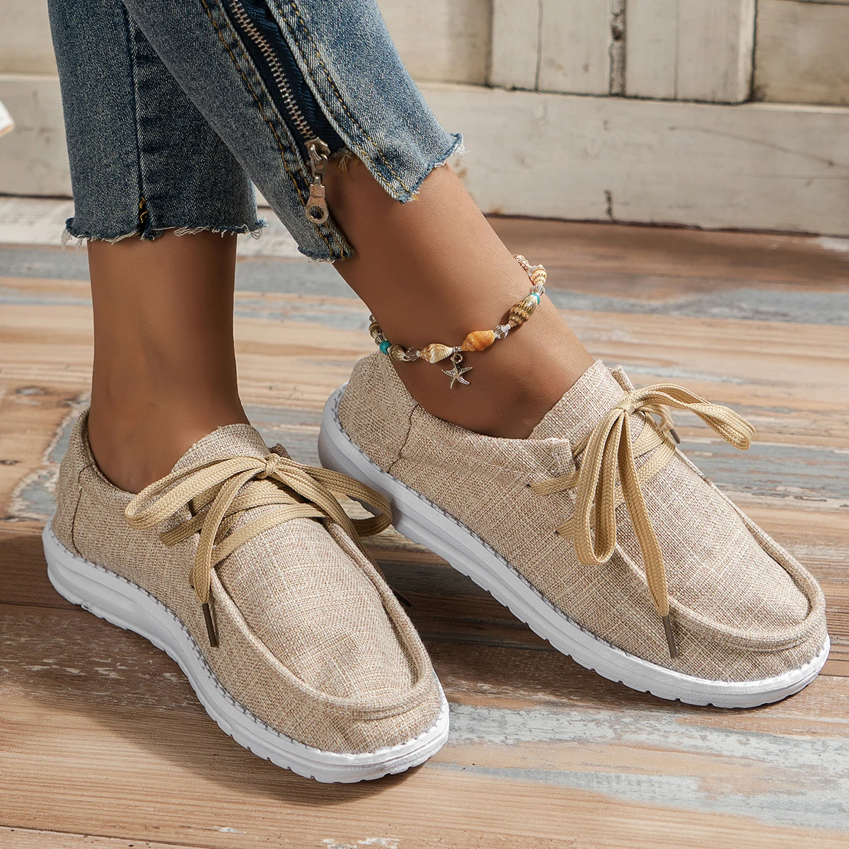 2023Fashion Lace-up Casual Women's Shoes Spring and Autumn Platform Canvas Sports Shoes Women's Lightweight Flat Shoes Plus Size