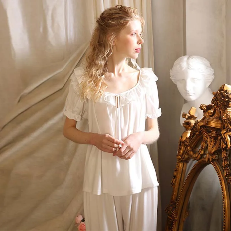 Roseheart Summer White Women Sleep Pajama Sets Sleepwear Suits Cotton Nightwear O Neck Plus Size 2 Piece Nightgown Pants