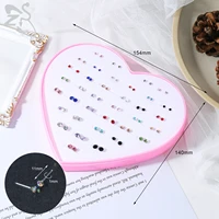 zs 36pairsbox crystal zircon studs earring for women girls fashion color classic heart crown sun star alloy piercing jewelry