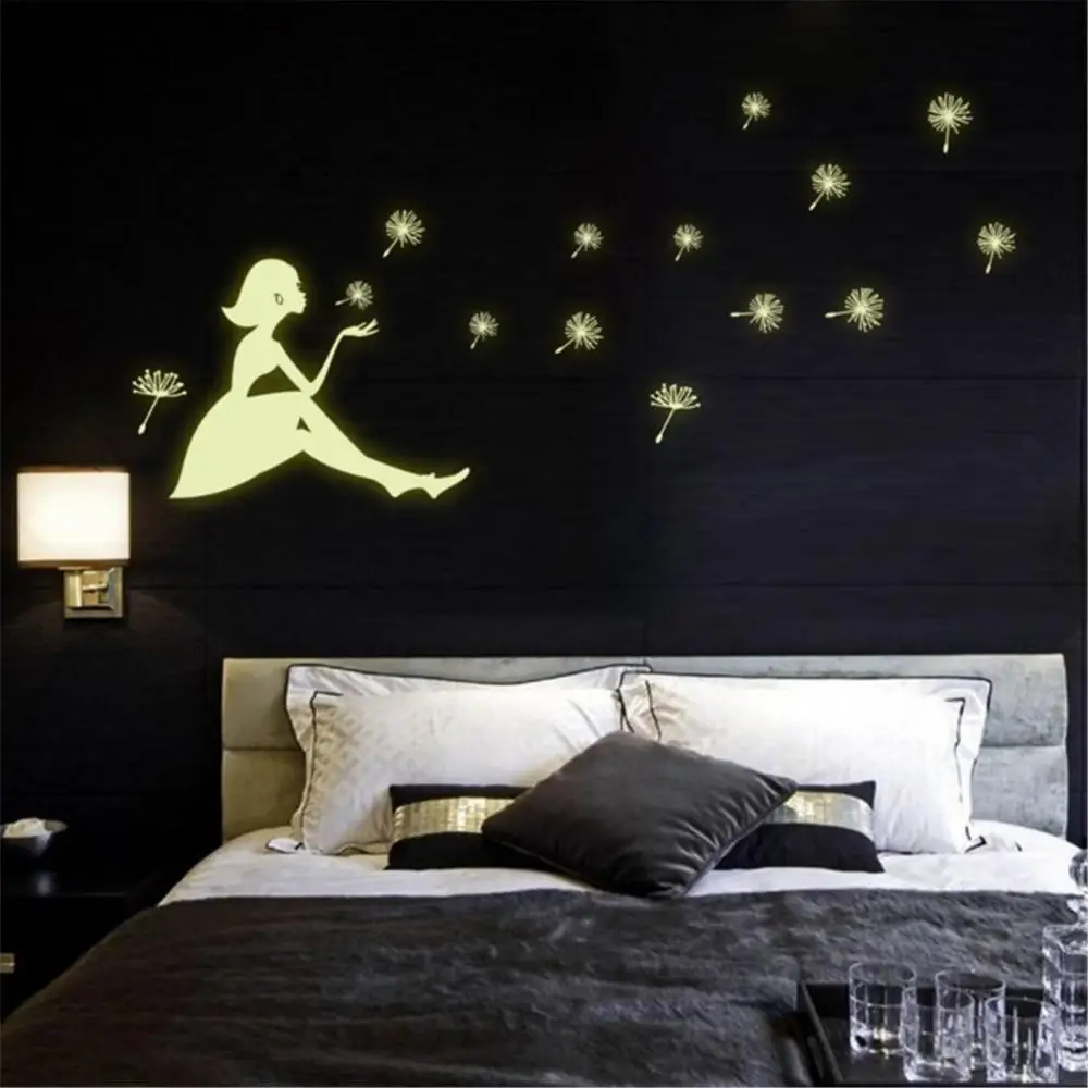 

Luminous The Girl Blowing Dandelion Wall Stickers Glow In The Dark Wall Decals Removable Wallpaper For Bedroom Home Decorations