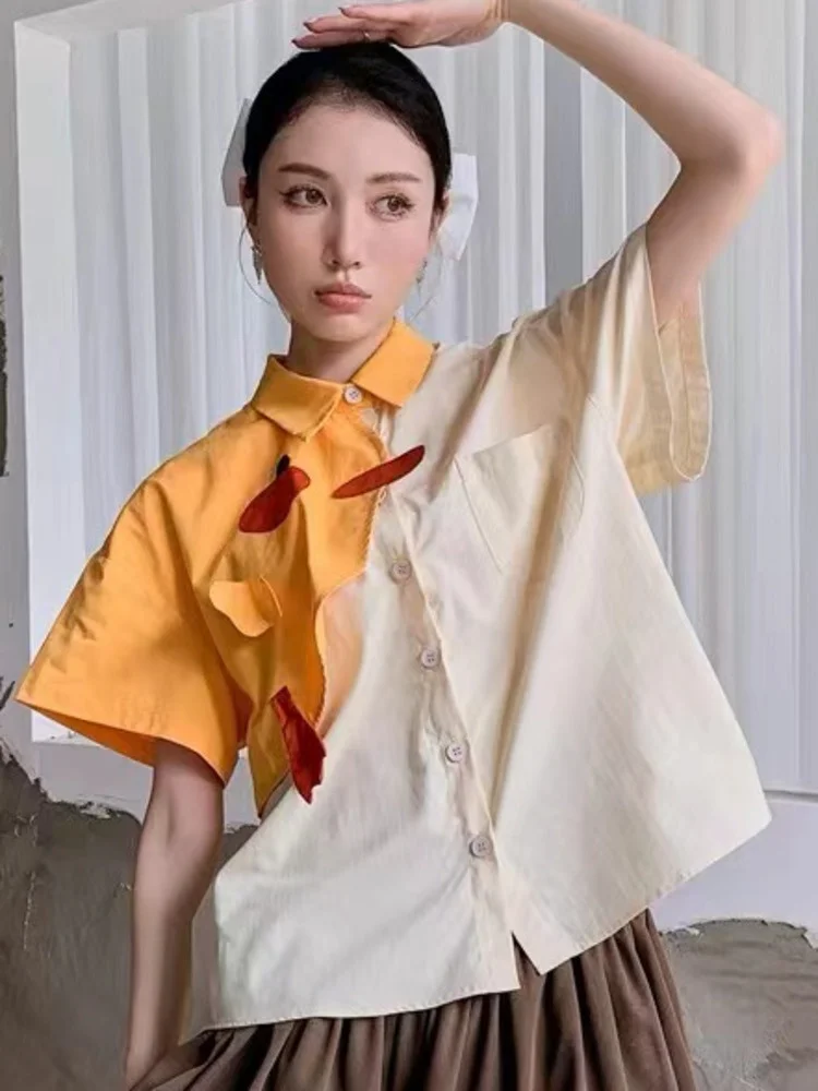 

Cartoon Patch Colorblock Short Sleeve Female Blouse 2022 Summer New Single Breasted Irregular Patchwork shirt Tops G565