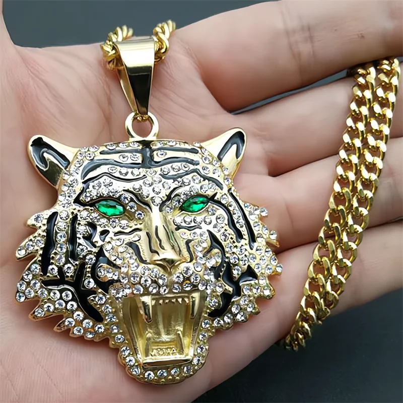 

Iced Out Green Eyes Tiger Head Pendant Necklace Men Stainless Steel Jewelry Hip Hop Punk Necklace Cuban Chain Boyfriend Gift