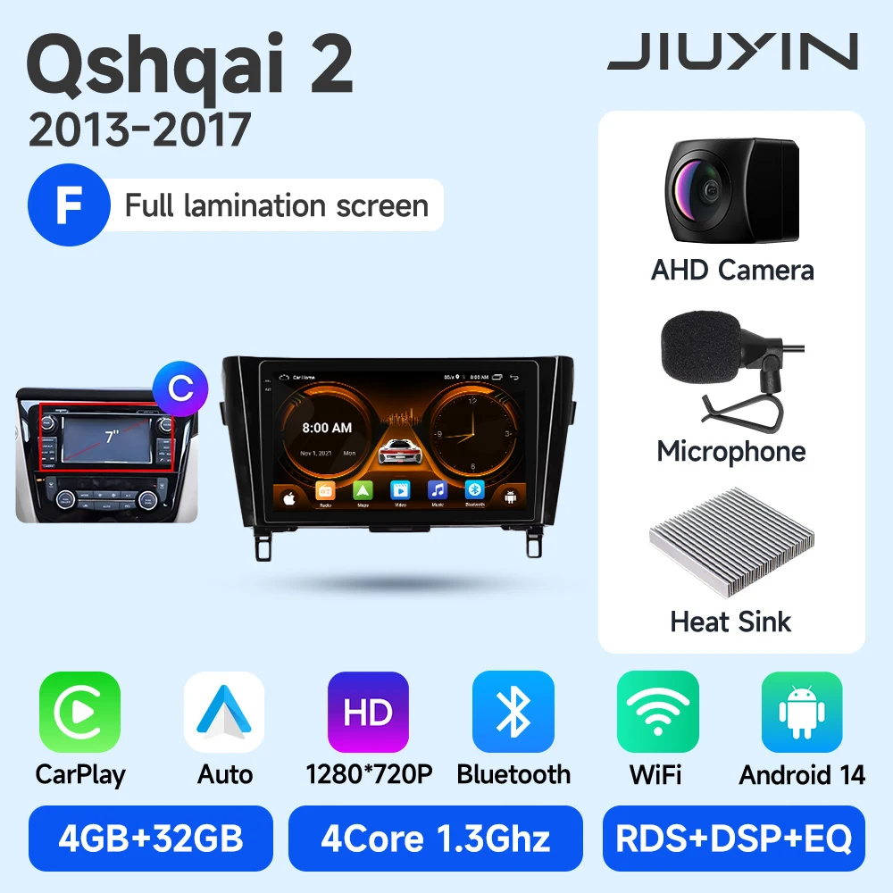 

Автомагнитола JIUYIN для Nissan Qashqai J11 X-Trail 3 2013-2017 с камерой заднего вида, беспроводным CarPlay, Android Auto, навигацией и полной ламинацией