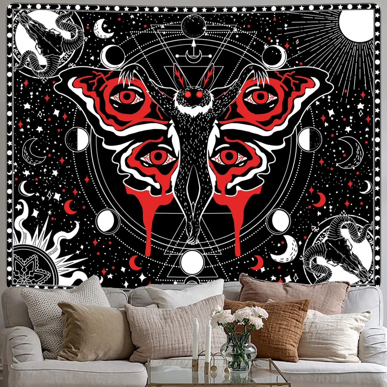 Mothman Anime Tapestry Skull Gothic Room Decor Aesthetic Black Red Mandala Tapestry for Bedroom Living Room Home Decor Wall Art