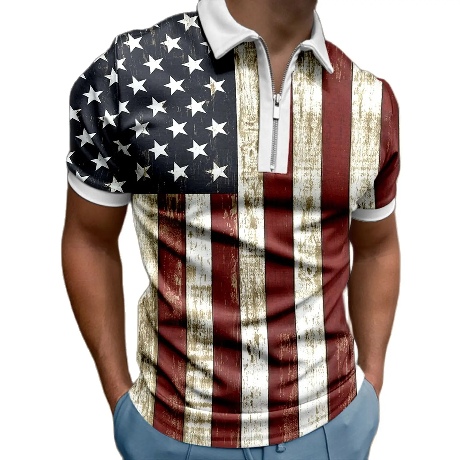 

2022 New Men's American Flag Polo Shirt Summer High Quality Casual Fashion Short Sleeve Striped Polo Shirt Men's Lapel Zipper