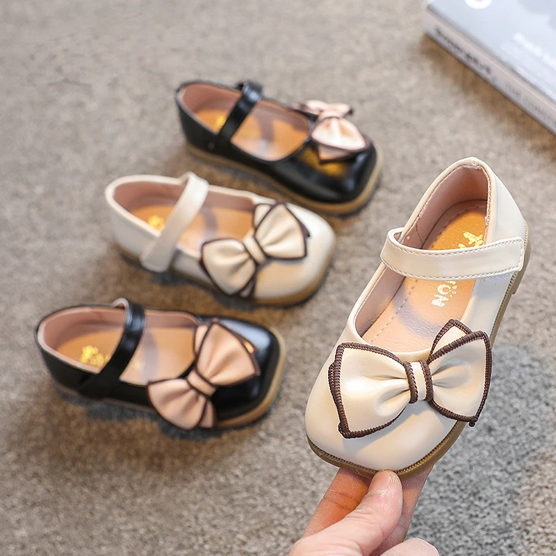 

2022 Kids Little Girl Autumn Bow Princess Leather Shoes Solid Color Baby Girl Flat Heels Toddler Dress Shoes Toddler Shoes Girl