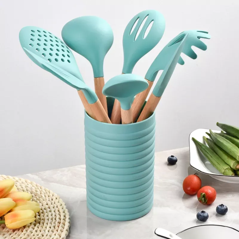 

7PCS Green/Pink/Gery Cooking Kitchenware Tool Silicone Utensils with Wooden Handle Non-Stick Spatula Ladle Egg Beaters Shovel