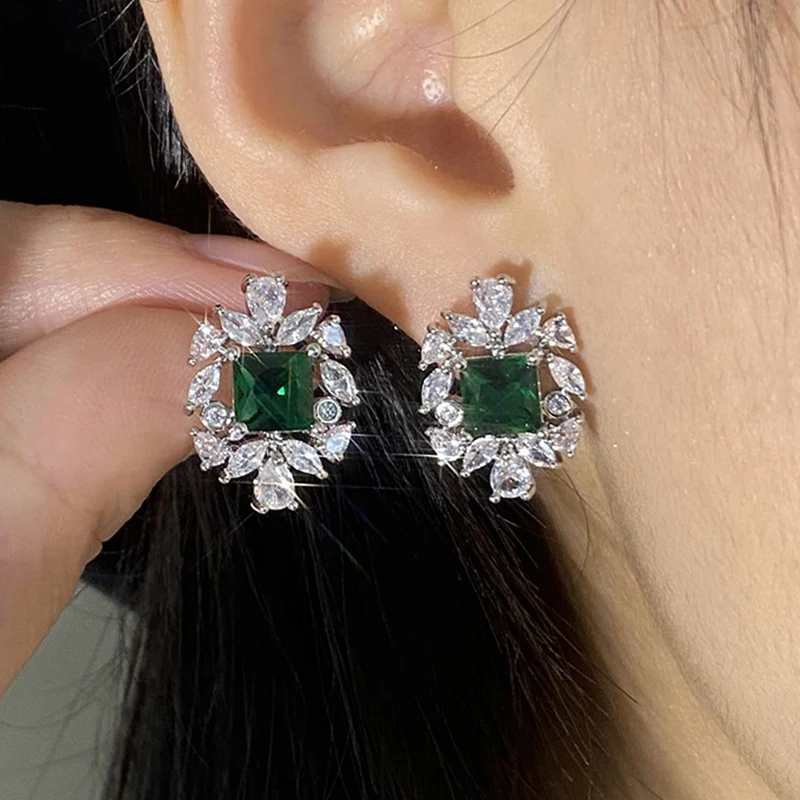 

Green Crystal Engagement Square Stud Earrings for Women Girls Silver Plated AAA Cubic Zirconia Jewelry Statement Wedding Earring
