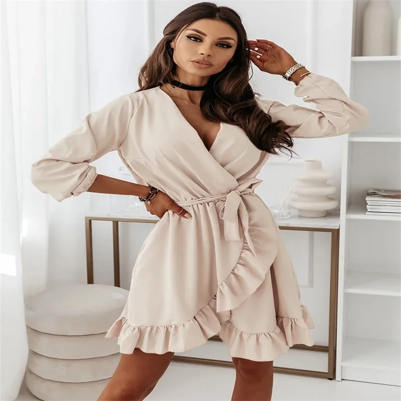 

Women'S 2022 Foreign Trade New Fashion Hot Sale Cardigan Long Sleeve V Collar Solid Color Ruffle Belt Dress Children