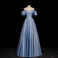 blue prom dresses 2022 satin fashion a line beading sweetheart puff sleeve banquet princess party formal gowns vestidos de festa