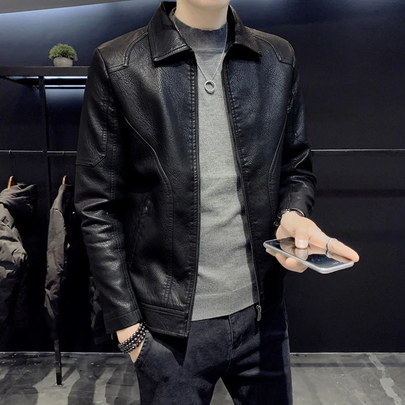

Men Faux Leather Jacket Spring and Autumn Solid Color Cardigan Straight Coat Men's PU Long Sleeve Zipper Turn-down Collar Jacket