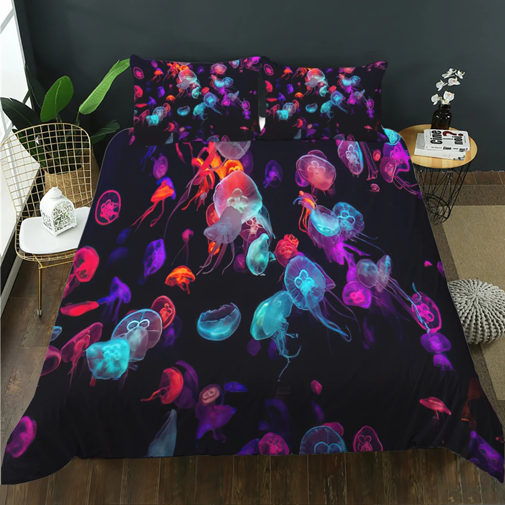 

3D Blue Jellyfish Sheet 2 Bedroom Black Quilt/Duvet Cover Pillowcase Full Twin Queen King Size 140x210cm Bedding Set Home Textil