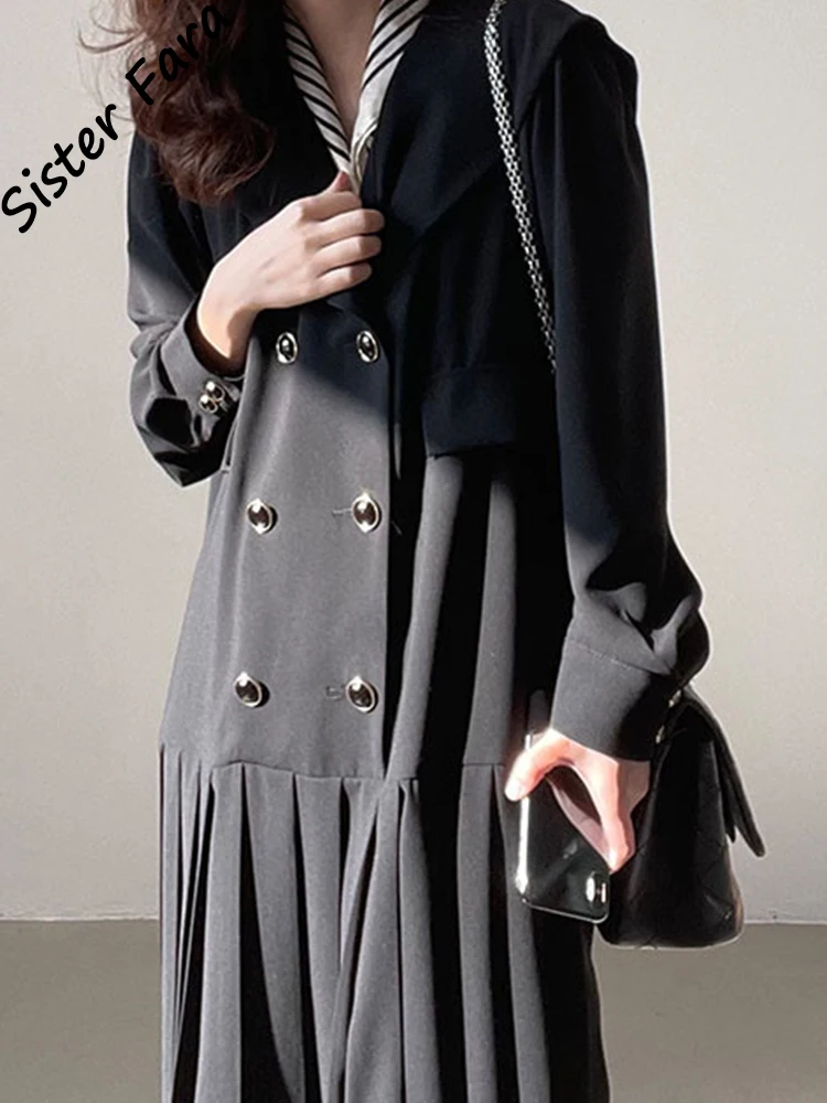 

Sister Fara Chic Lapel Pleated Dresses for Women's 2022 Spring High Waist Double Breasted Dress Autumn Lady Casual Long Dresses
