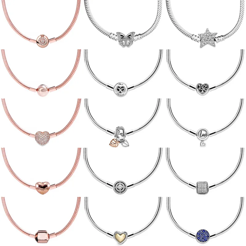 

Original Rose Heart Butterfly Leaves Crown O Clasp Snake Chain 925 Sterling Silver Necklace For Fashion Bead Charm DIY Jewelry