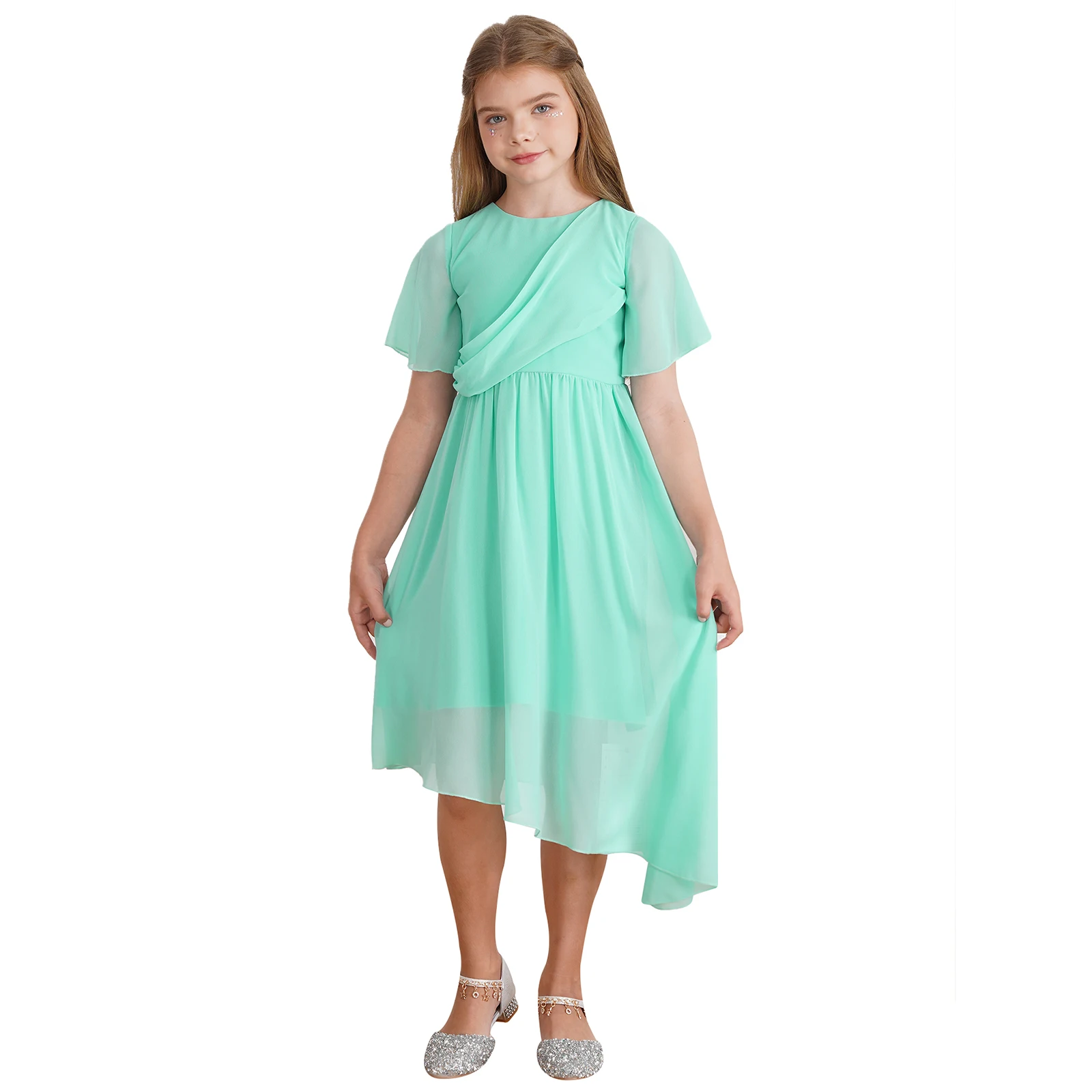 

Halloween Kids Girls Lady Liberty Statue Cosplay Costume Short Flared Sleeve Irregular Hem Ruffled Tulle Dress for Performance