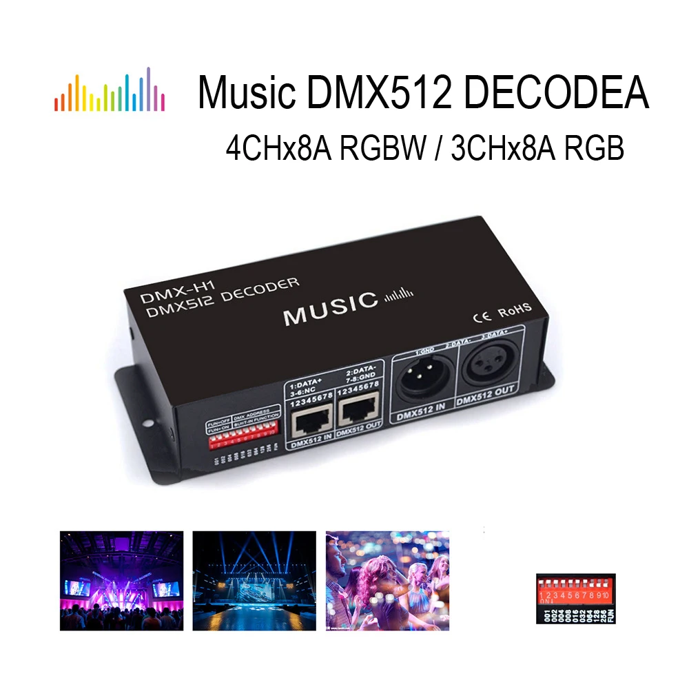 RGB RGBW dmx512 Music decoder led strip dmx controller 3CH 4CH*8A PWM driver Input DC12-24V dmx decoder light control