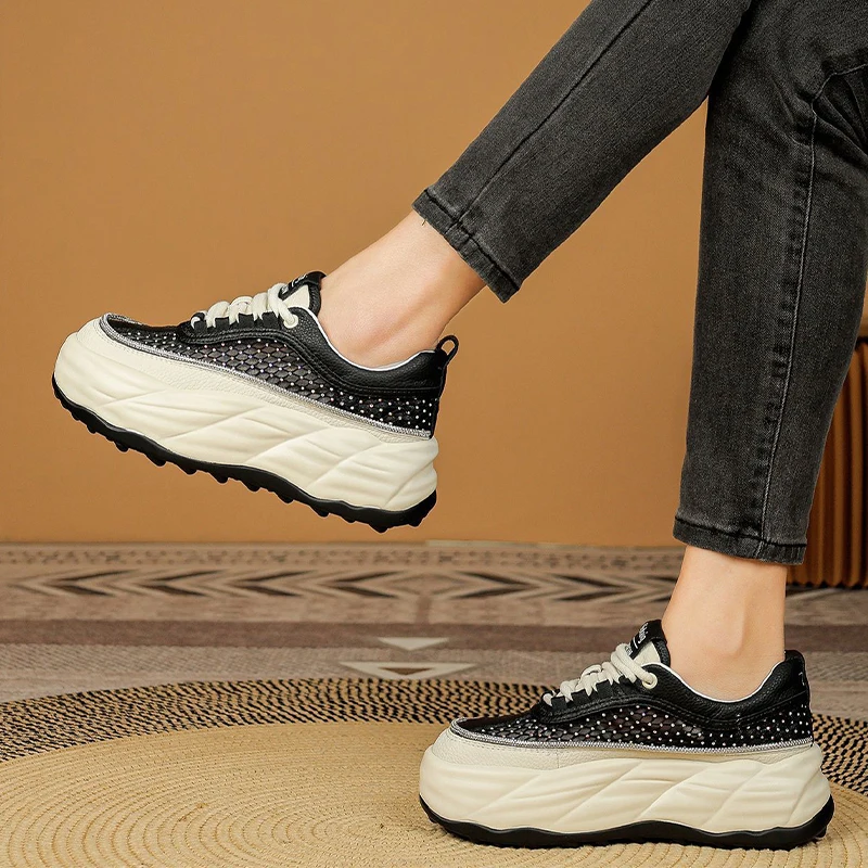 Rhinestone Decor 5cm Air MeshGenuine Leather Slides Hollow Ladies Summer Breathable Female Platform Sandals Wedge Shoes