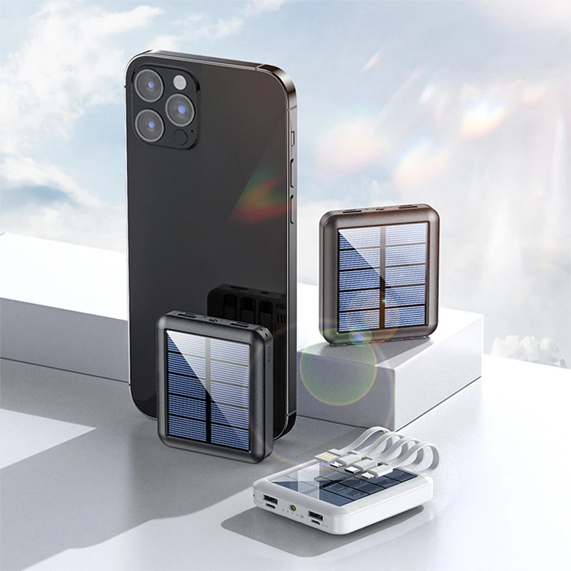 

20000mAh Solar Power Bank For iPhone Xiaomi Huawei Samsung Powerbank with Cable Solar Charger External Battery Pack Power Bank