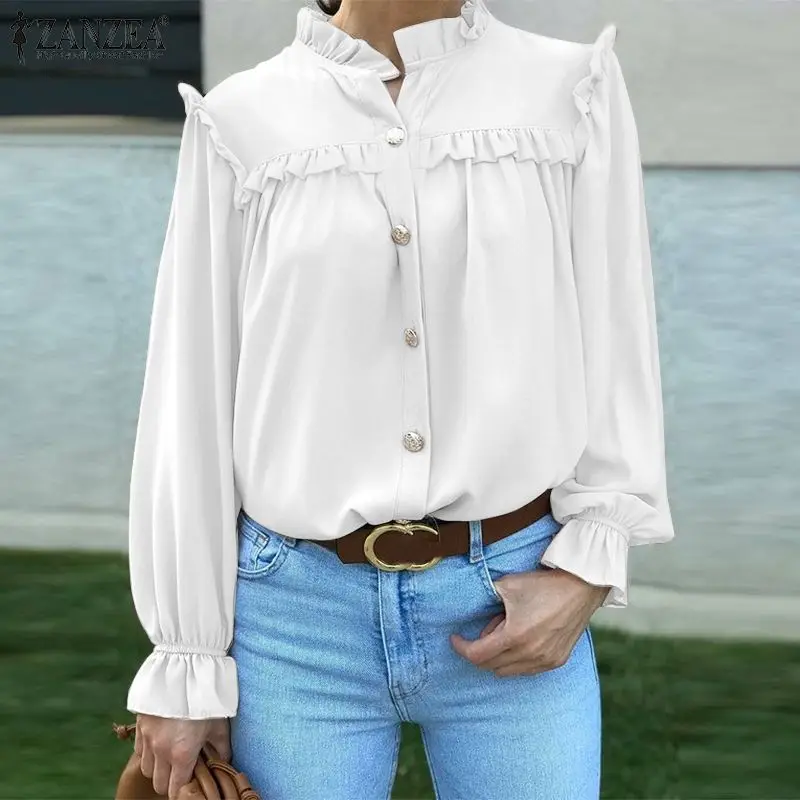 

Women Fashion Ruffle Tops Spring Autumn OL Blusas Lady Puff Sleeve Chemise Chic White Blouse Oversize ZANZEA Elegant Solid Shirt