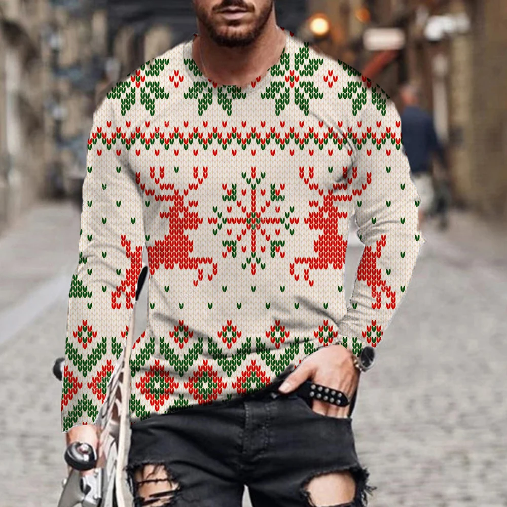 

Men's Christmas Long T Shirt 3D Print Long Sleeve Elk Tree Graphic Long Tees Pattern Tops Men/Women Hip Hop Tee