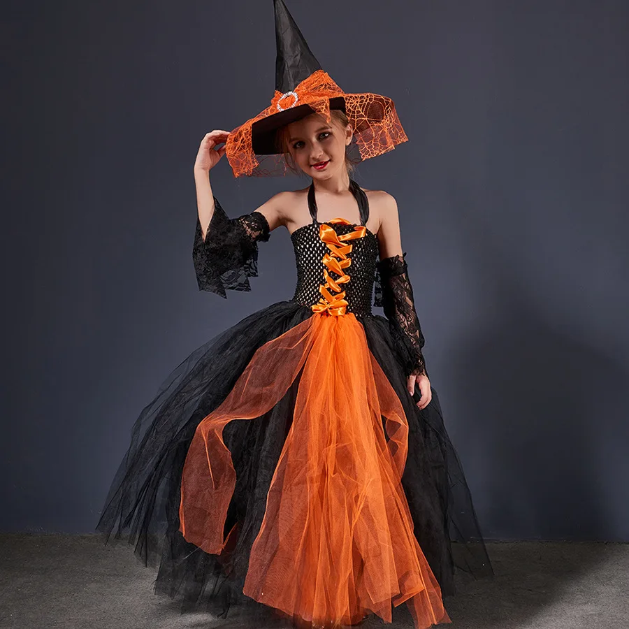 

Halloween Costume Witch Tutu Witch Show Dress Girls Cosplay Costume Child Pumpkin Clothes Mesh Princess Skirt Western Style