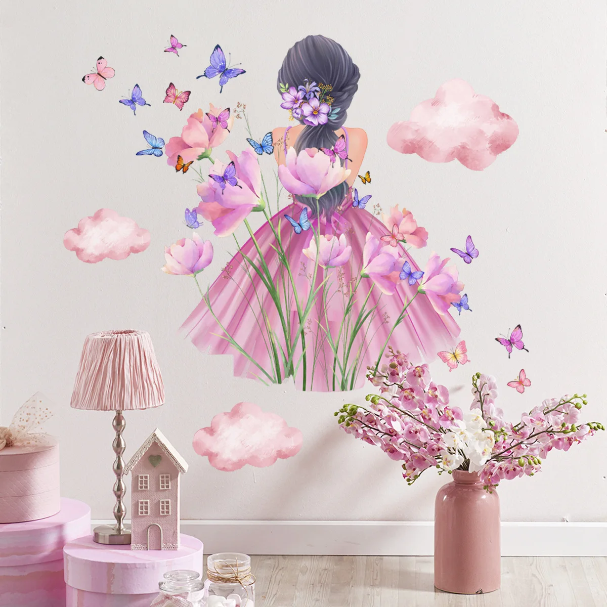 Cartoon Girl Butterfly Cloud Wall Sticker Self-adhesive Removable Vinyl PVC Home Decor for Living Room Bedroom