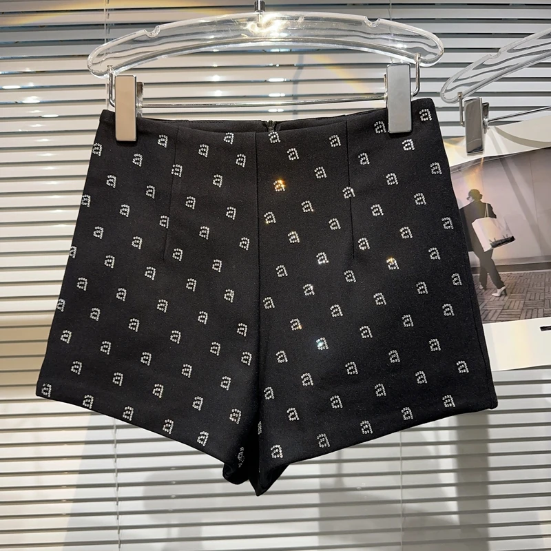 Summer Women's Shorts Letter Rhinestone Casual Shorts Elegant Fashion Short Pants Socialite Zipper Loose Suit Shorts for Women