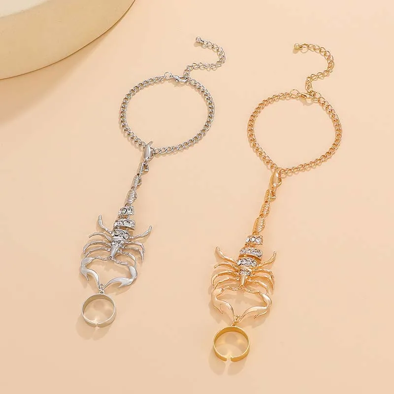 Punk Fashion Bracelet 3D Scorpion Ring Bracelet for Women and Men Personality Accessories Gothic Tassel Connected Finger Charm