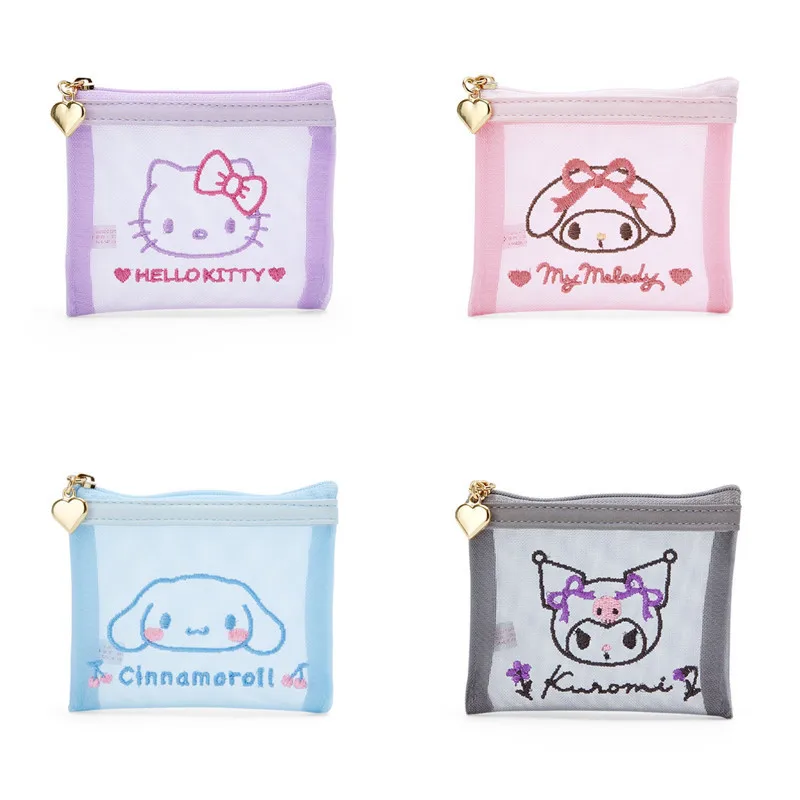 

Sanrio Storage Bag Japanese Cartoon Cute Kuromi Kitty Mymelody Cinnamorroll Mesh Embroidery Makeup Bag Small Item Storage Bag
