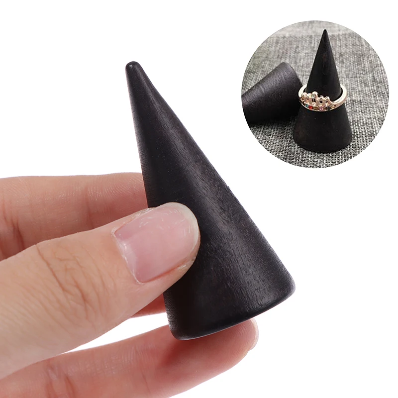 

Vintage Black Wooden Ring Holder Display Cone Rack Solid Wood Finger Trinket Stand Storage Organizer Jewelry Ring Stack Showcase