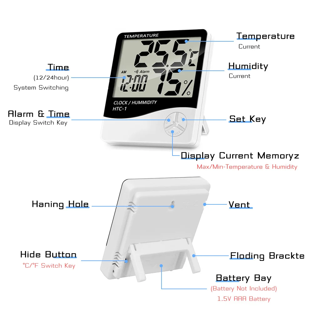 lcd electronic digital temperature humidity meter indoor outdoor thermometer hygrometer weather station clock htc 1 htc 2 free global shipping