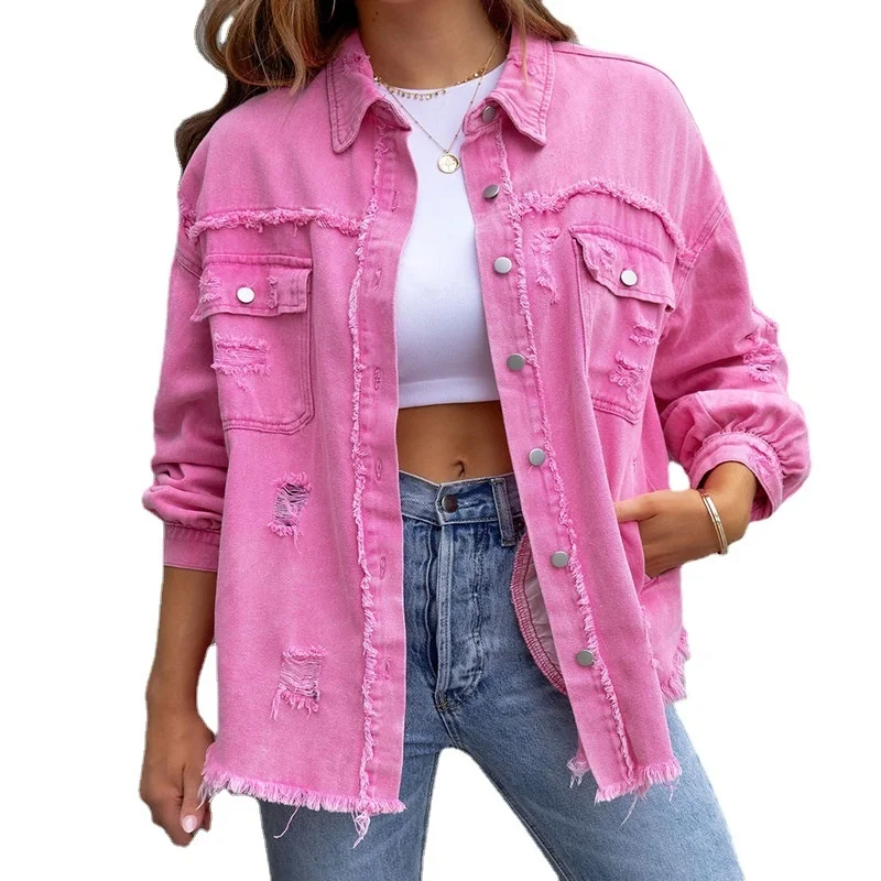 

New In 2023 Spring Autumn Fashion Loose Long Denim Jacket With Torn Holes Women Streetwear Tassel Pink Casual Jean Coats