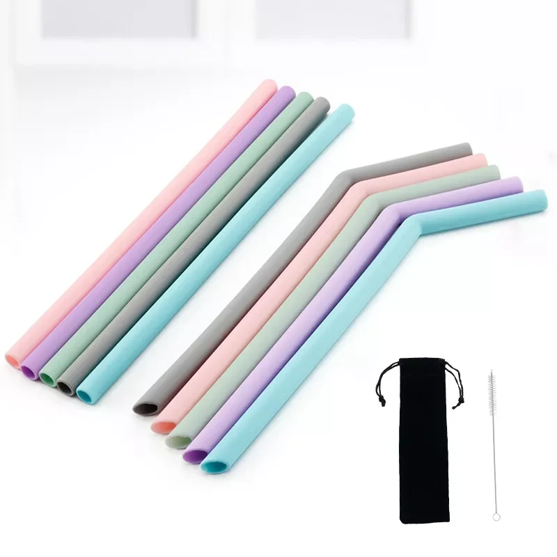 

New in Reusable Silicone Drinking Straws Creative milk straws Sturdy Bent Straight Boba Straw Cleaning Brush Bar Party Accessory