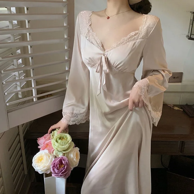 

Lace Long Nightgown Sleepwear Retro Princess Style Nightdress Female Long Sleeved Elegant Court Style Rayon Home Dress Nightwear