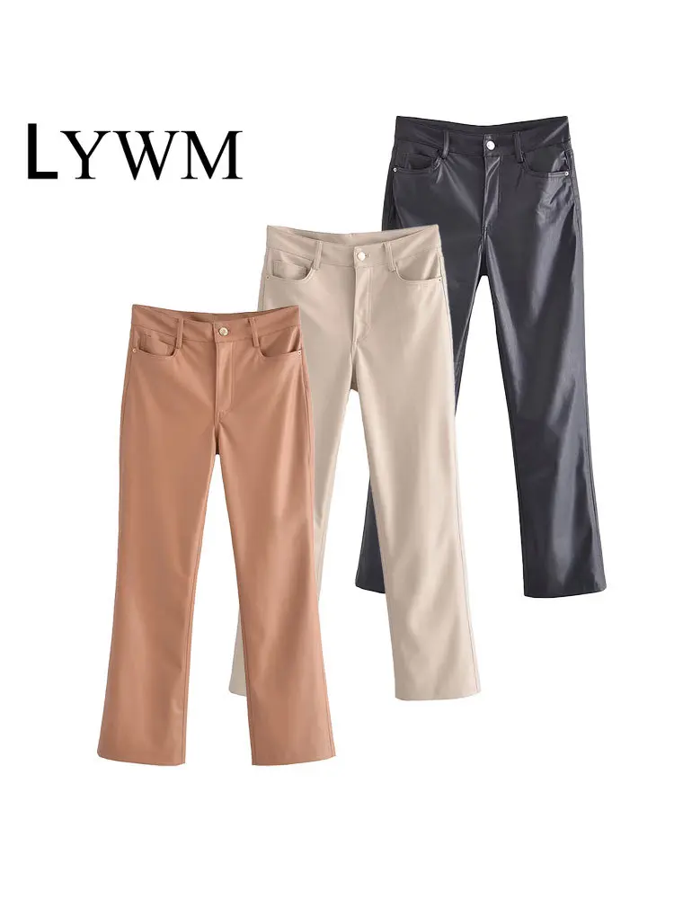 

LYWM Women Fashion Whit Pockets PU Solid Trousers Vintage Front Zipper High Waist Female Chic Lady Flare Pants