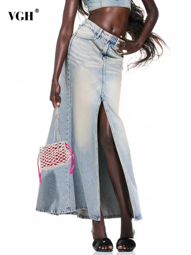 

Женская джинсовая юбка с карманами VGH, однотонная Повседневная прямая юбка с высокой талией и разрезом, 2023