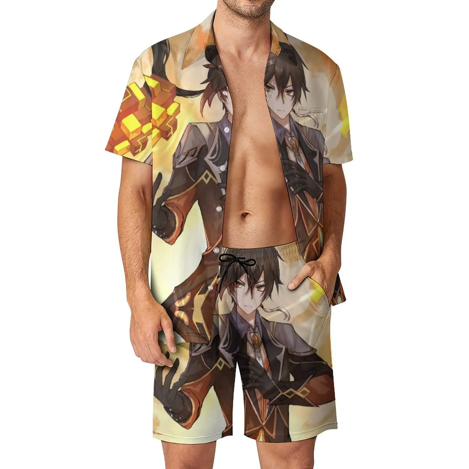 

Zhongli Geo Genshin Impact мужские комплекты, ритуал желаний, Повседневная рубашка, модные пляжные шорты, летний дизайнерский костюм, одежда из 2 предметов