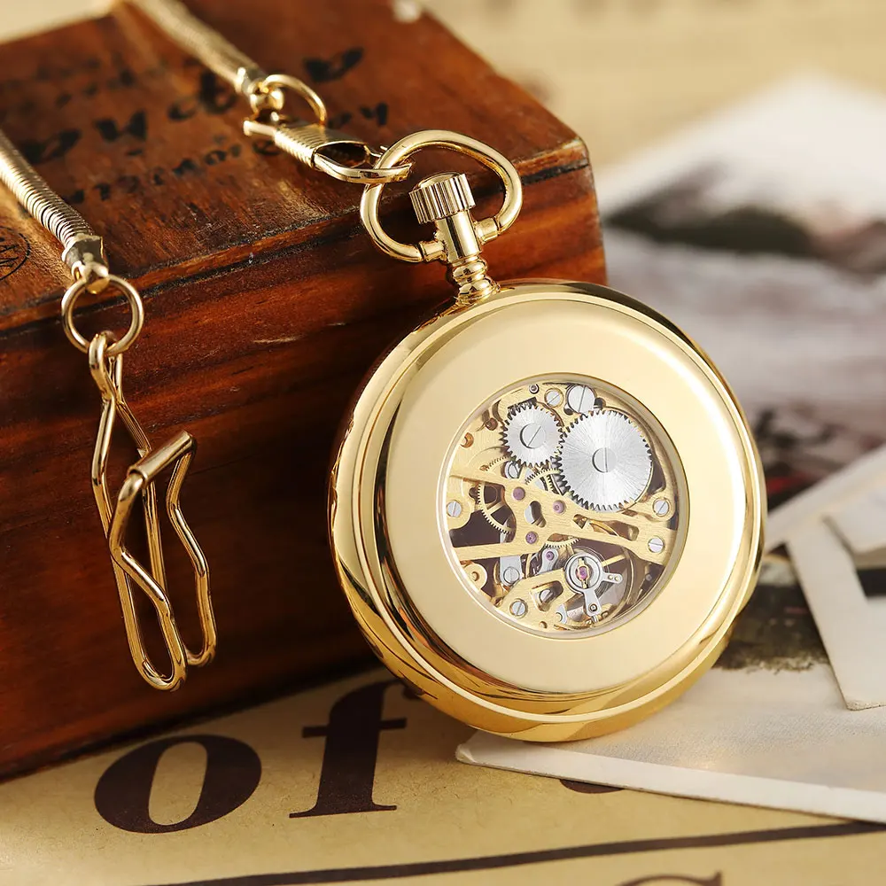 Luxury Golden Smooth Mechanical Pocket Watch Roman Numerals Hand Winding Pocket Watch Stainless Steel Fob Clock Chain Pendant