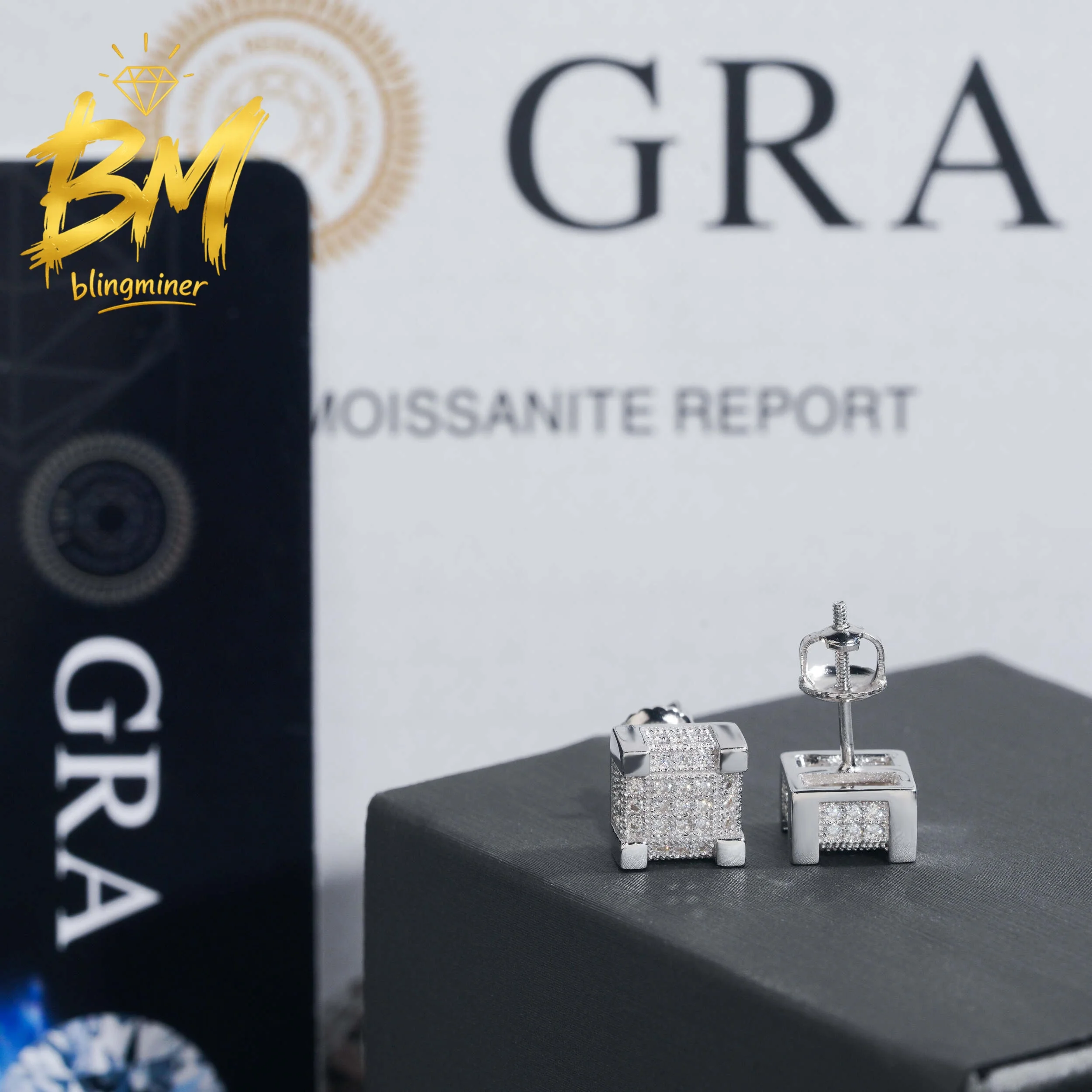 Фото Серьги-гвоздики Blingminer Iced Out Square 8MM из серебра S925 с муассанитом VVS для мужчин и женщин, ювелирные изделия, проходят проверку на подлинность бриллиантов, сертификат GRA. №2