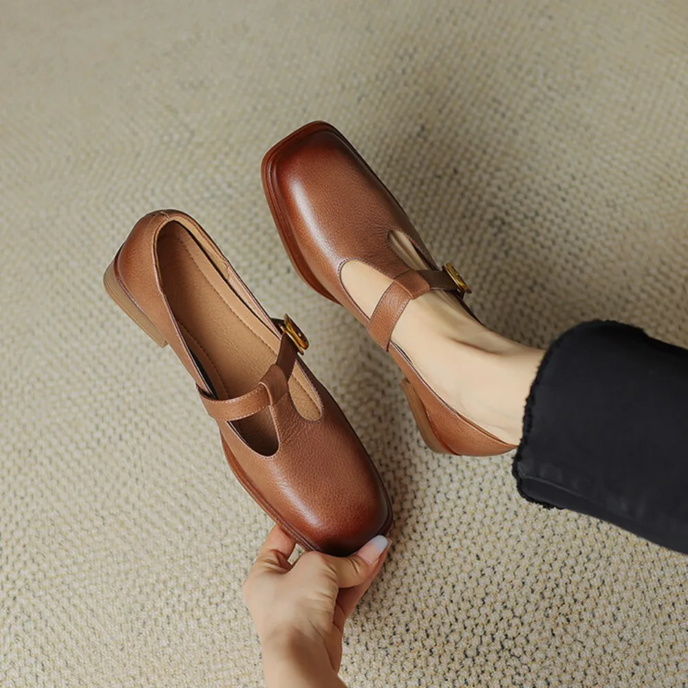 2024 новые коричневые туфли из натуральной кожи винтажные Мэри Джейн на низком