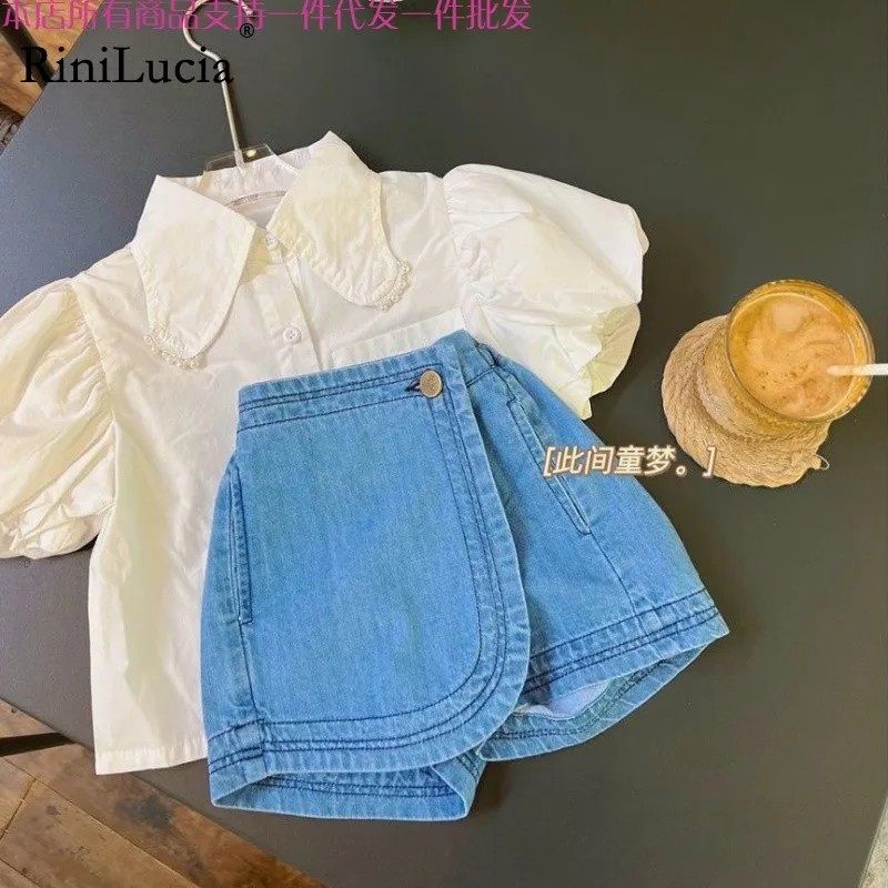 

RiniLucia Kids Clothes Set New Summer Girls Lapel Blouse Top & Denim Shorts Korean Toddlers Kids Casual Pants Jeans 2pcs