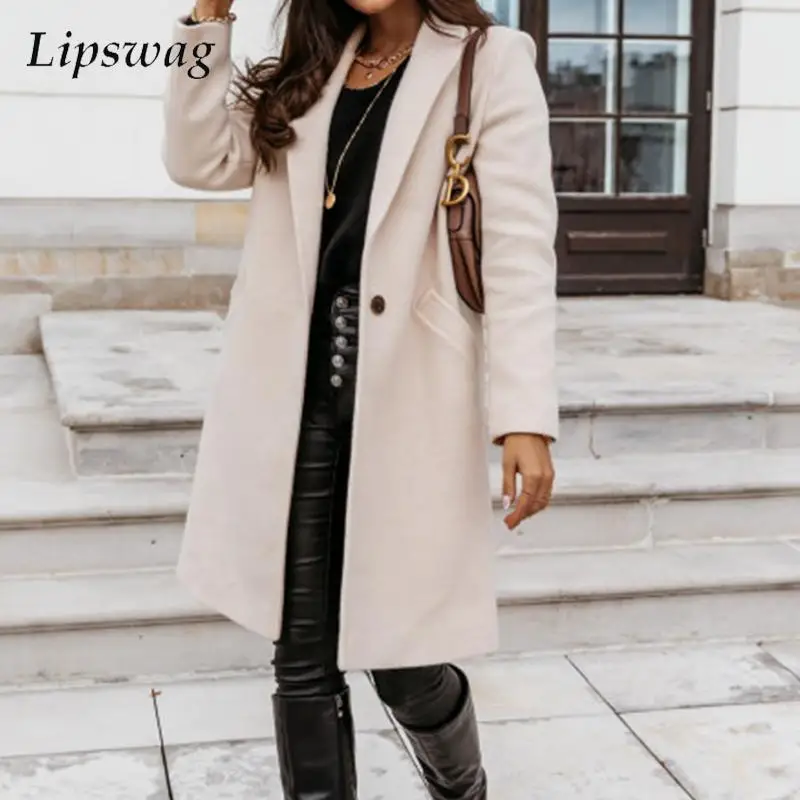 

2022 Spring Women Wool Blends Trench Coat Elegant Solid Lapel Long Sleeve Outerwear Casual Loose Single Button Female Overcoat
